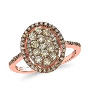 Champagne Diamond Halo Cluster Ring, size 7, 1.0 CTW, Sterling